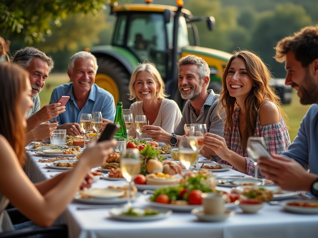 Grup d'amics i família connectats al camp, compartint un àpat i moments amb 5G - Agri-Gigas